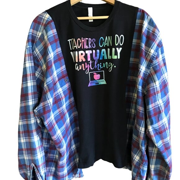 Reworked Flannel Tee, L-2XL: Upcycled Oversized Pullover Shirt, Teacher Graphic - Picture 1 of 11